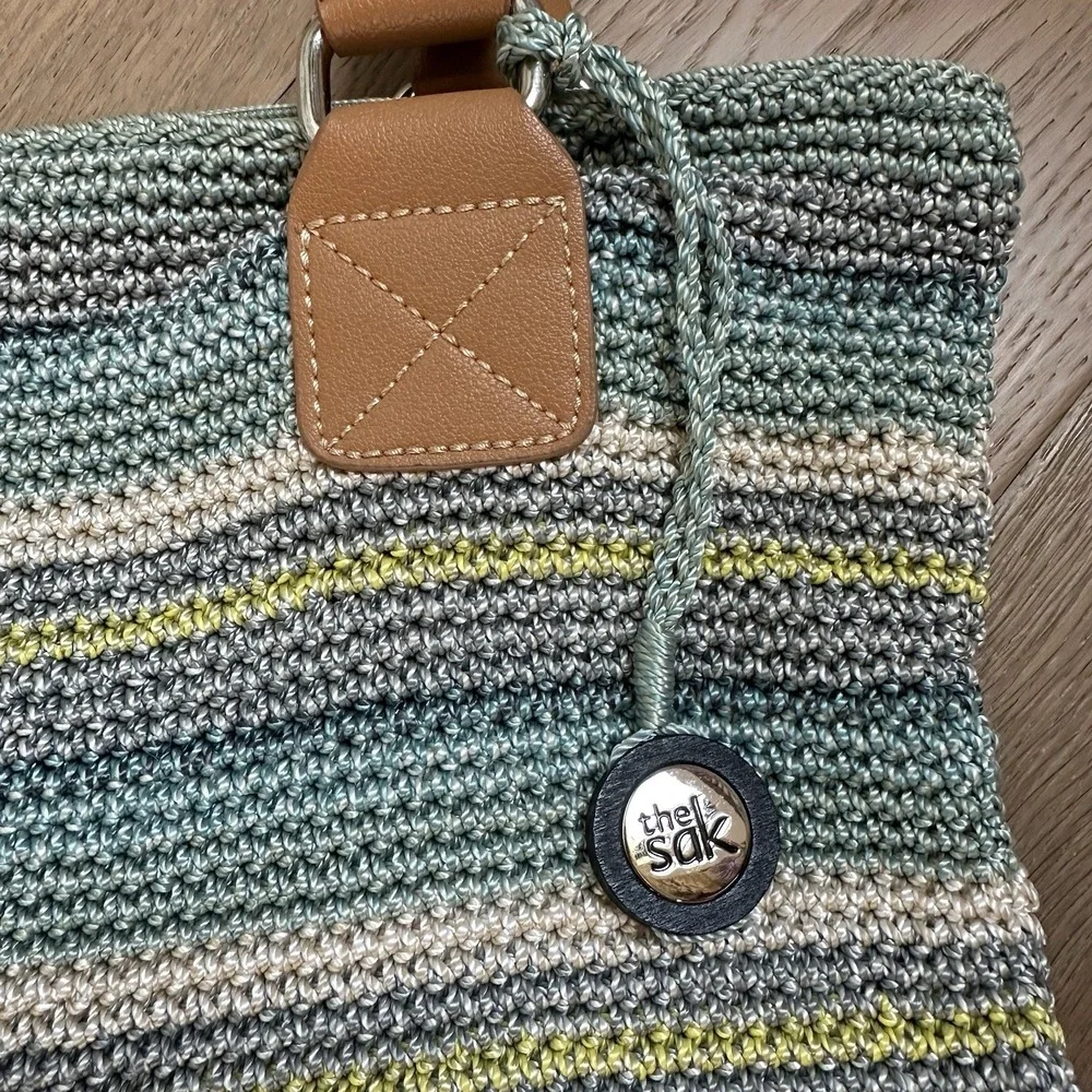 The Sak Cambria Crochet Aqua Stripe Shoulder‎ Bag Purse Double Handle
